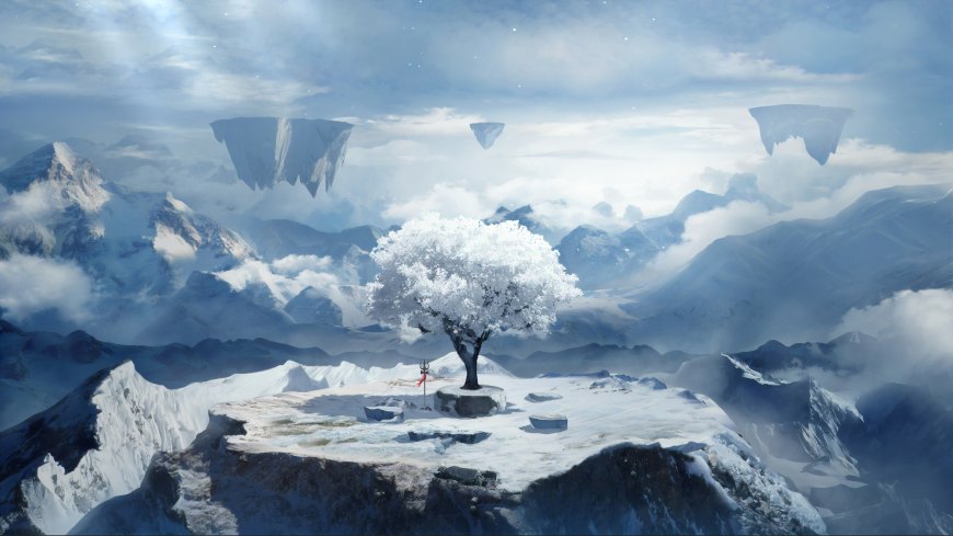 雪山孤树浮空岛蓝白奇幻电脑壁纸