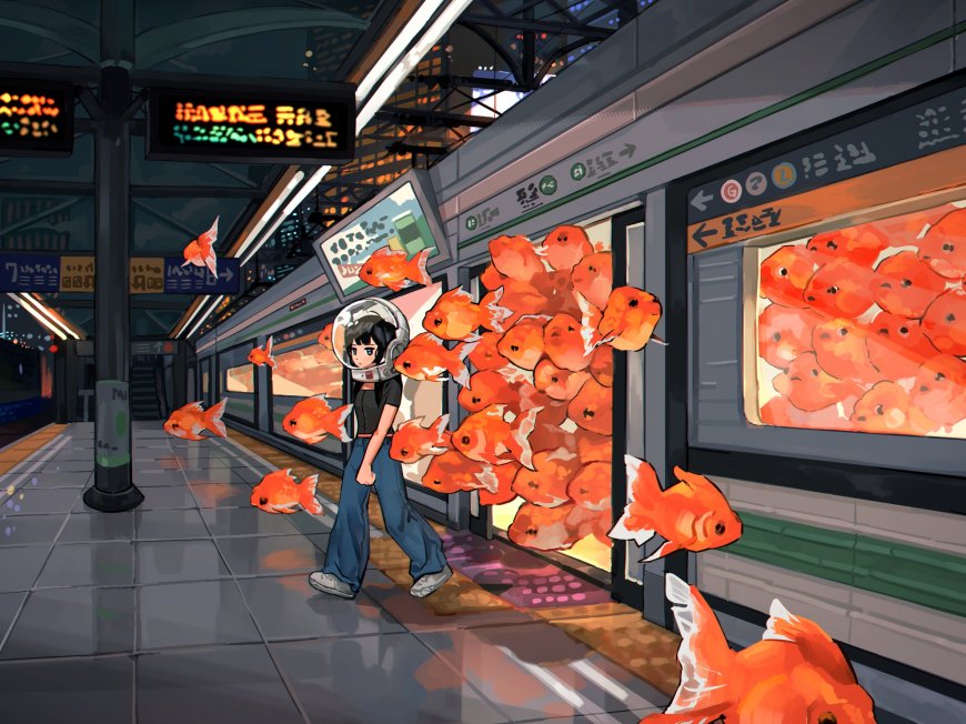 地铁站少女宇航头盔金鱼涌出橙动漫电脑壁纸
