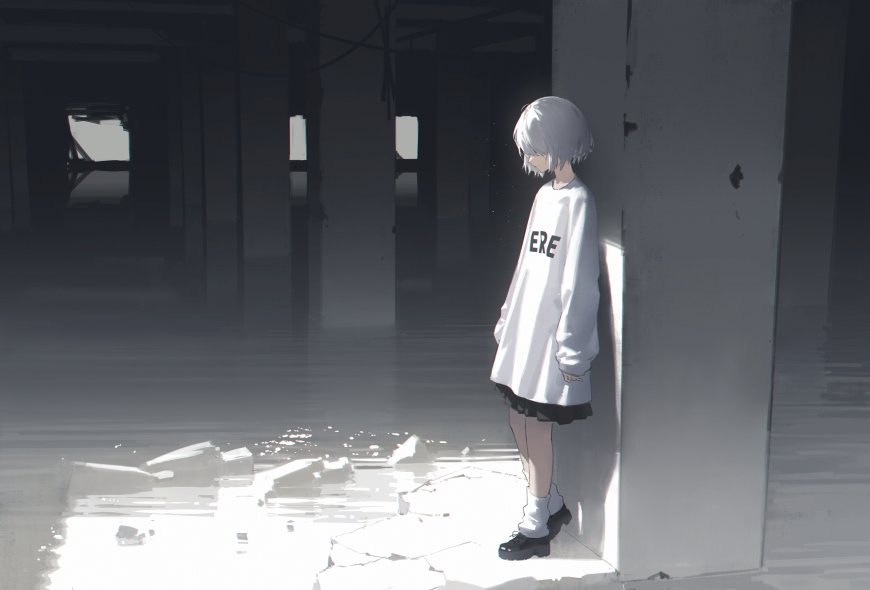 银发少女倚墙废墟灰白动漫电脑壁纸