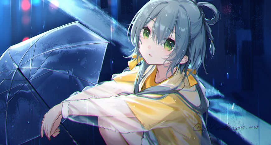 银发绿眼少女雨夜撑伞蓝紫动漫电脑壁纸