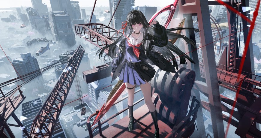 黑发红瞳少女持剑高塔都市灰蓝动漫电脑壁纸