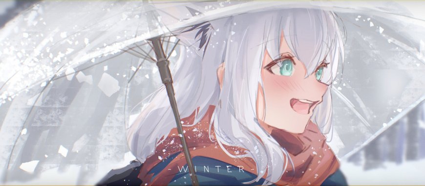银发绿眼少女雪中撑伞白蓝动漫电脑壁纸