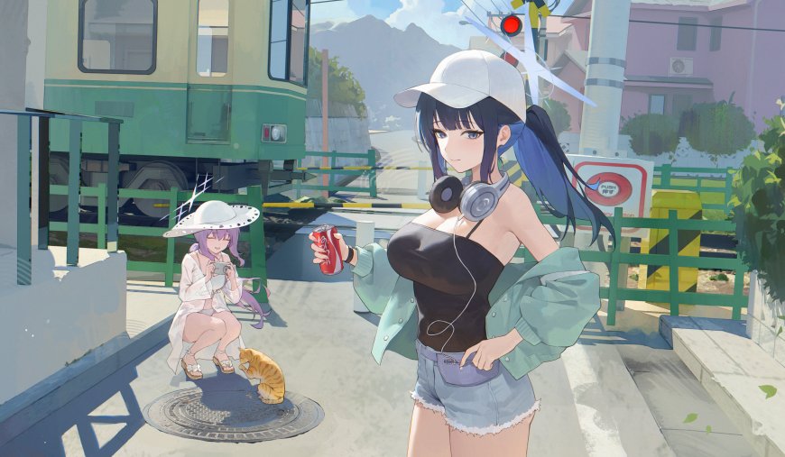 动漫少女戴帽持可乐蓝紫发色动漫电脑壁纸
