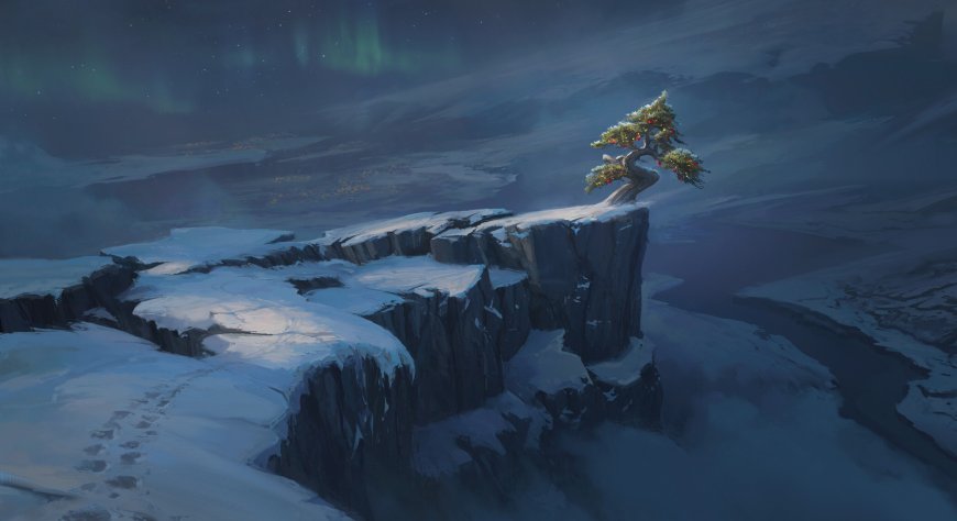 雪崖孤松极光夜景蓝紫风景电脑壁纸