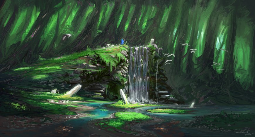 幽谷瀑布青翠溪流绿意盎然绘画插画电脑壁纸