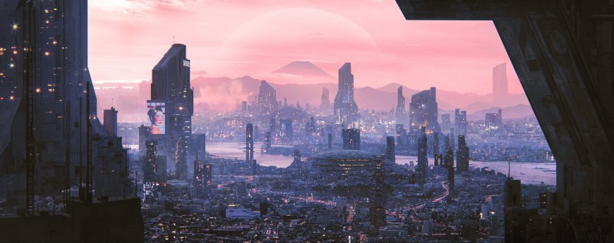 未来都市粉紫渐变高清科幻电脑壁纸