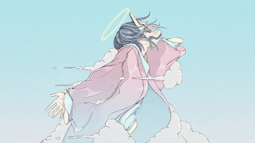 戴面具蓝发少女云中飞翔淡蓝粉动漫电脑壁纸