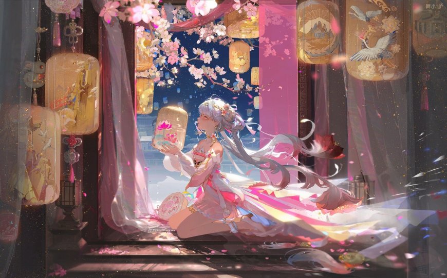 古风少女持灯赏樱粉紫唯美动漫电脑壁纸
