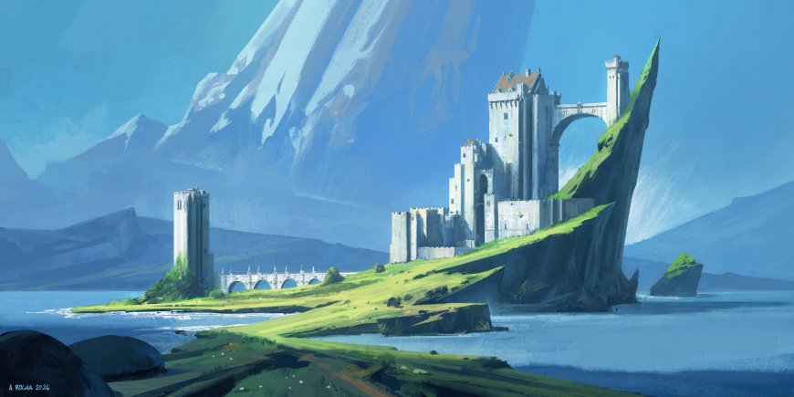 雪山湖畔古堡矗立蓝绿奇幻二次元插画电脑壁纸