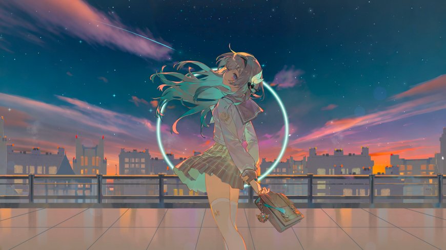 蓝发少女屋顶持书星夜紫粉动漫电脑壁纸