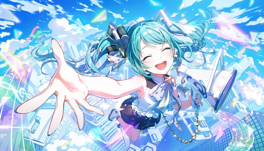 初音未来蓝发少女伸手指向镜头动漫电脑壁纸