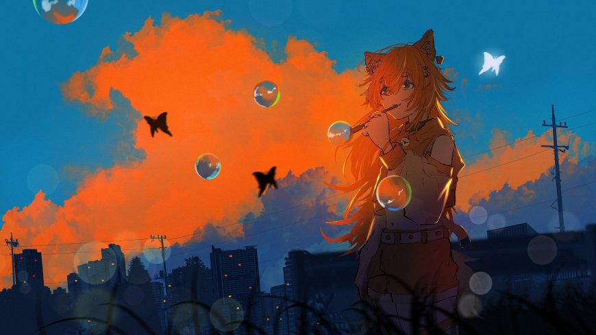 猫耳少女吹泡泡橙蓝渐变动漫电脑壁纸