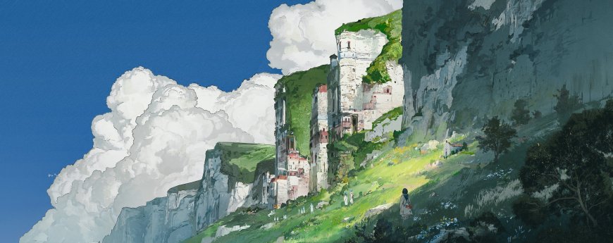 悬崖古城绿野白云蓝天白云插画电脑壁纸