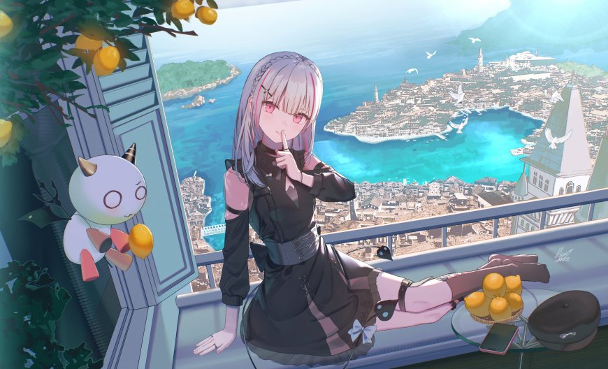 碧蓝档案普拉娜窗边吃柠檬海滨风景少女插画电脑壁纸
