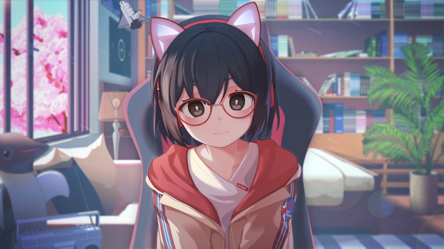 戴猫耳红框眼镜少女粉紫动漫电脑壁纸