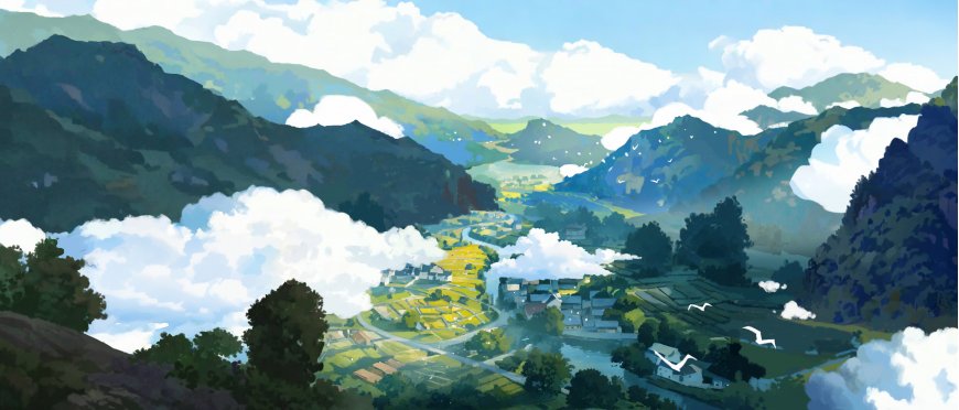 青山云海田园村落蓝绿风景电脑壁纸