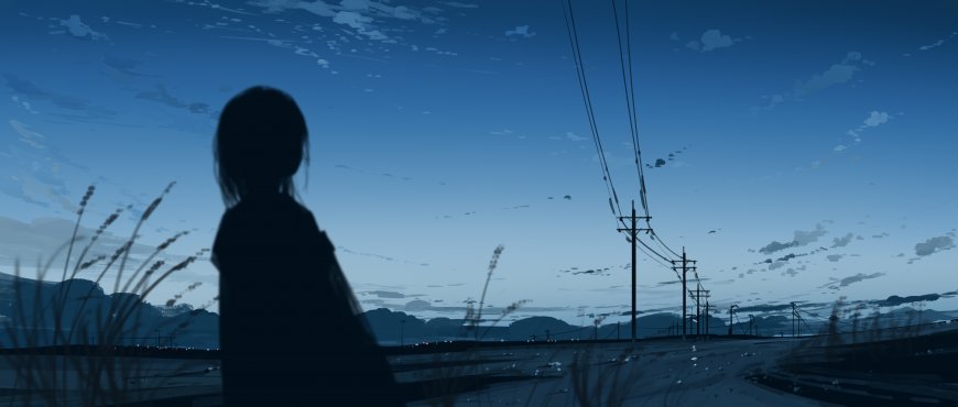 少女剪影公路远山蓝调插画动漫电脑壁纸