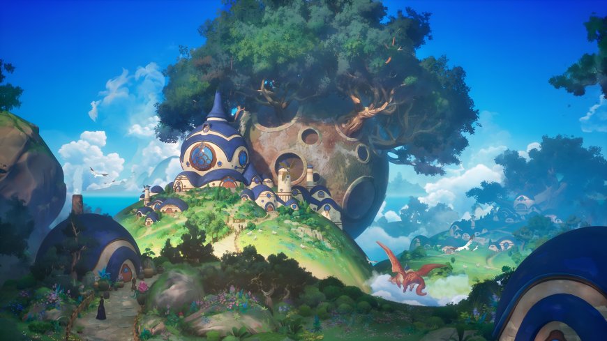 树屋村落奇幻森林蓝绿幻想风景插画电脑壁纸