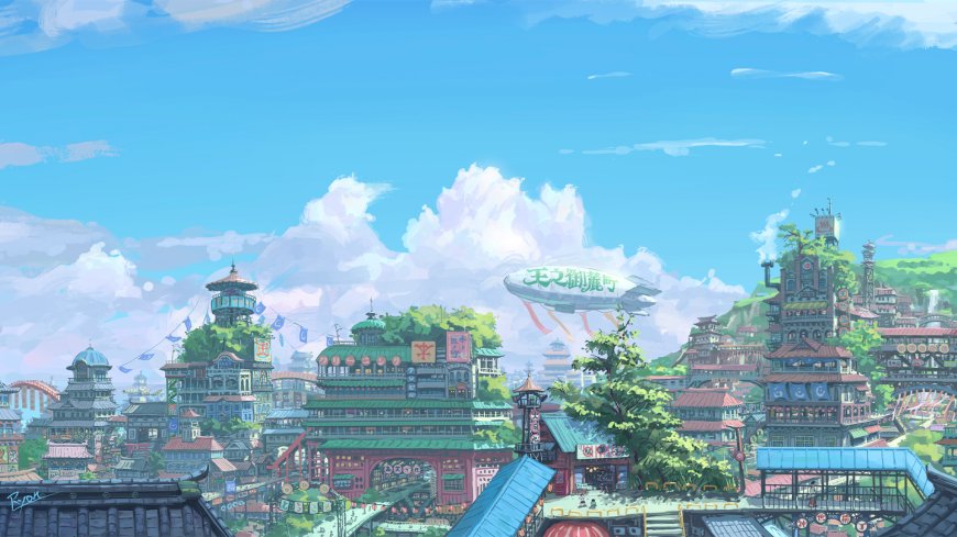 奇幻城市街景绿植繁茂蓝白插画卡通电脑壁纸
