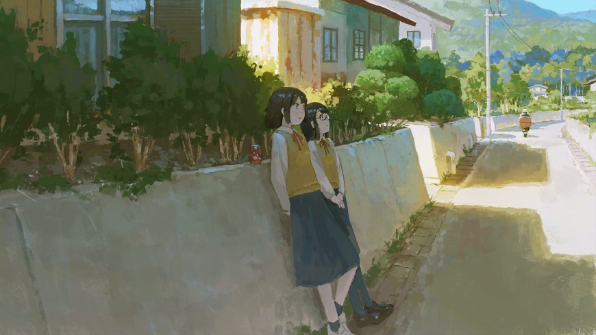 乡村小路双少女校服倚墙暖金动漫电脑壁纸