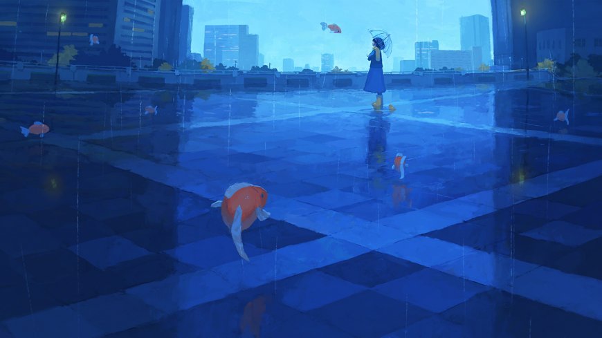 雨中少女撑伞金鱼游弋蓝调动漫电脑壁纸