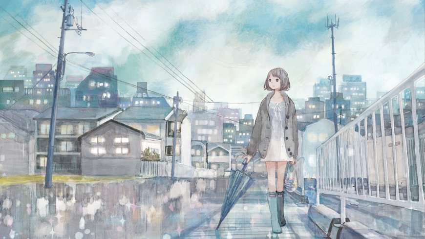 雨中少女持伞漫步蓝灰水彩动漫电脑壁纸