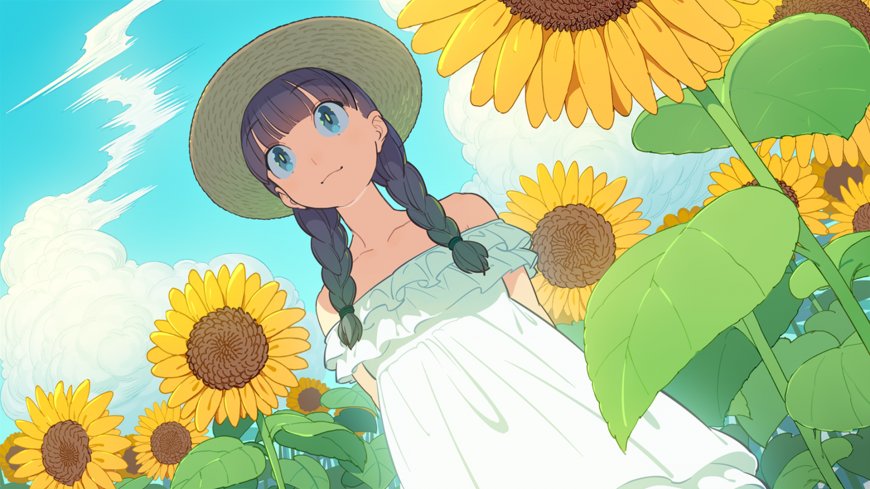 向日葵花田蓝眼少女草帽白裙动漫电脑壁纸