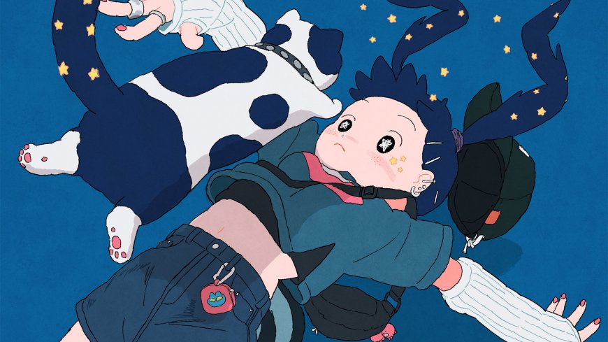 动漫少女与奶牛猫星空蓝紫动漫电脑壁纸