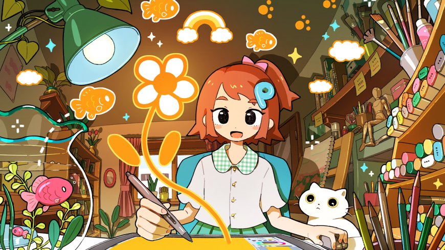 动漫少女绘画工作室暖橙奇幻电脑壁纸