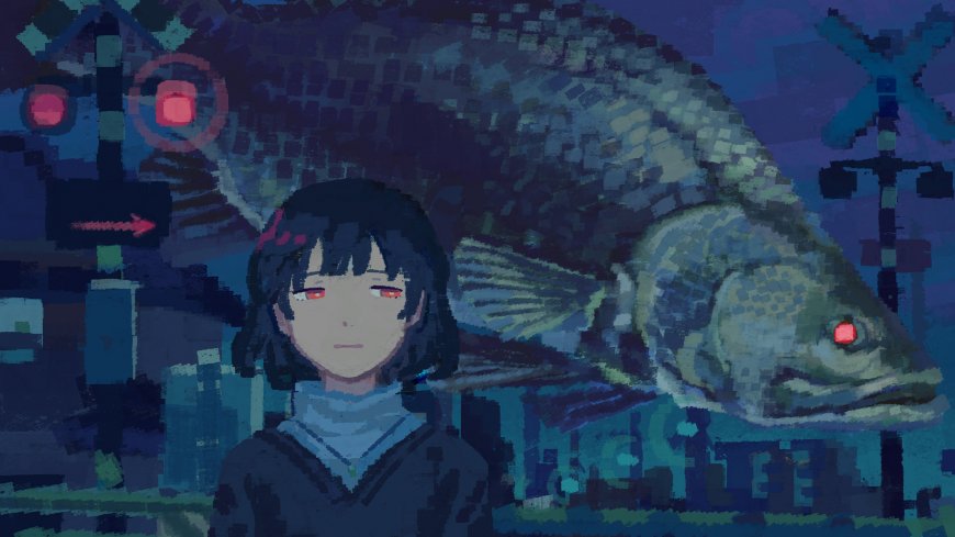 像素风少女红眼巨鱼蓝紫奇幻插画电脑壁纸