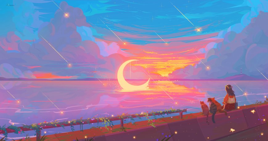 少女与猫猫观月流星粉紫梦幻风景插画电脑壁纸