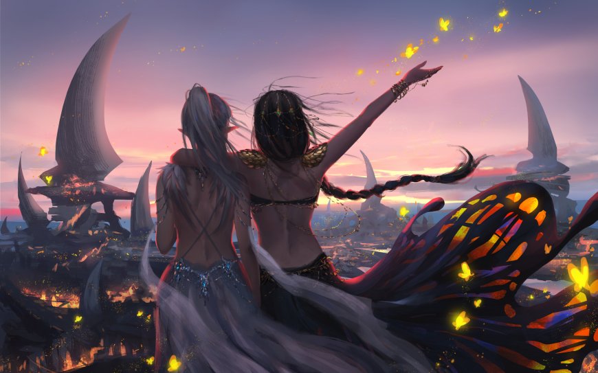 双少女背影伸手触光粉紫奇幻电脑壁纸