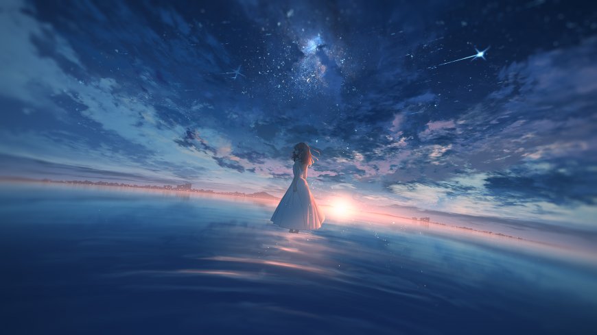 星空海面白裙少女蓝紫奇幻电脑壁纸