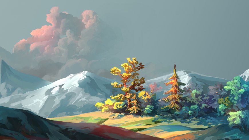 雪山秋林粉紫云霞高清插画电脑壁纸