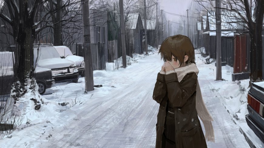 雪中少女围巾捂脸灰白动漫电脑壁纸