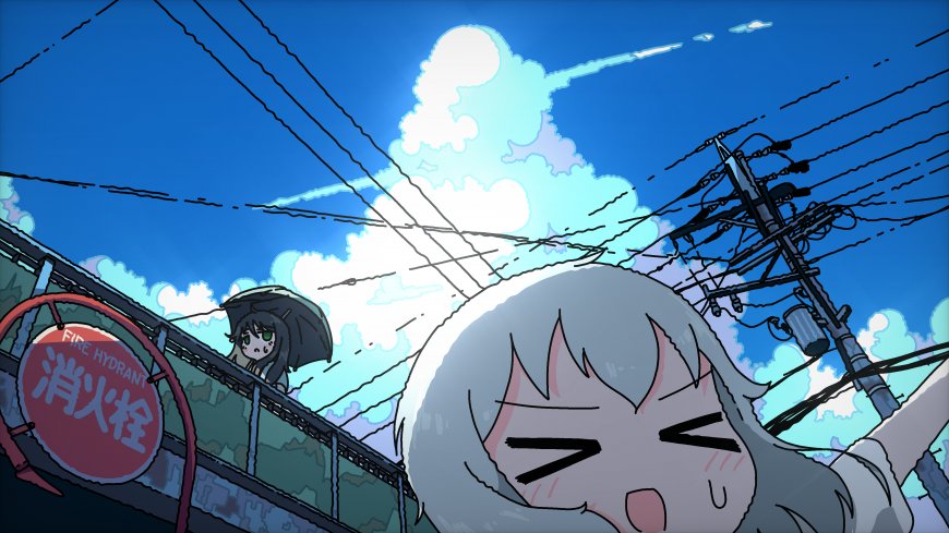 银发少女眯眼笑蓝白动漫电脑壁纸