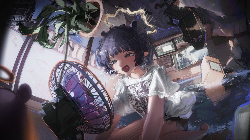 原创插画卷发少女室内风扇特写动漫电脑壁纸