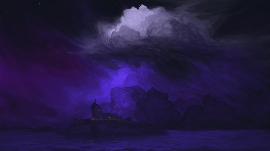 紫色风暴夜海灯塔暗紫奇幻插画电脑壁纸