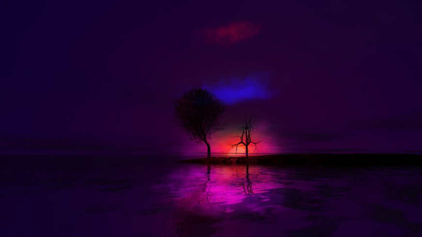 紫夜孤岛双树倒影梦幻紫红风景电脑壁纸