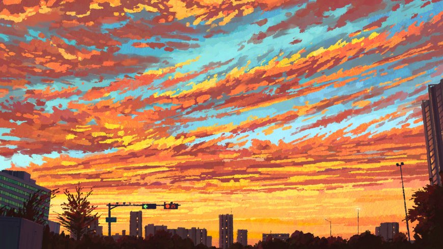 城市黄昏彩云漫天橙红蓝紫风景插画电脑壁纸