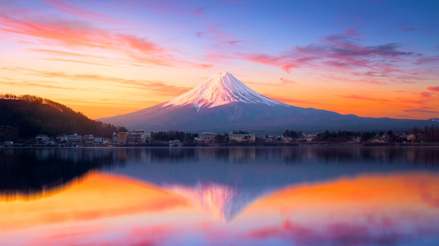 富士山倒影湖畔橙粉霞光风景电脑壁纸