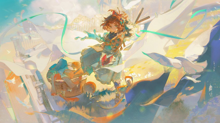 魔法少女飘带飞舞暖金奇幻电脑壁纸