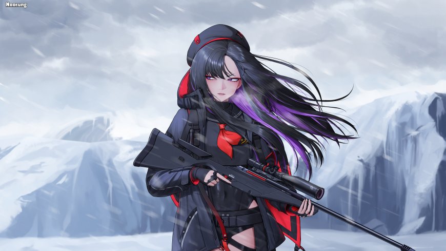 少女持狙击枪雪地风舞紫黑动漫电脑壁纸