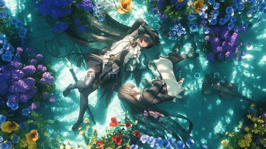 少女动漫角色花海躺卧蓝紫梦幻动漫电脑壁纸