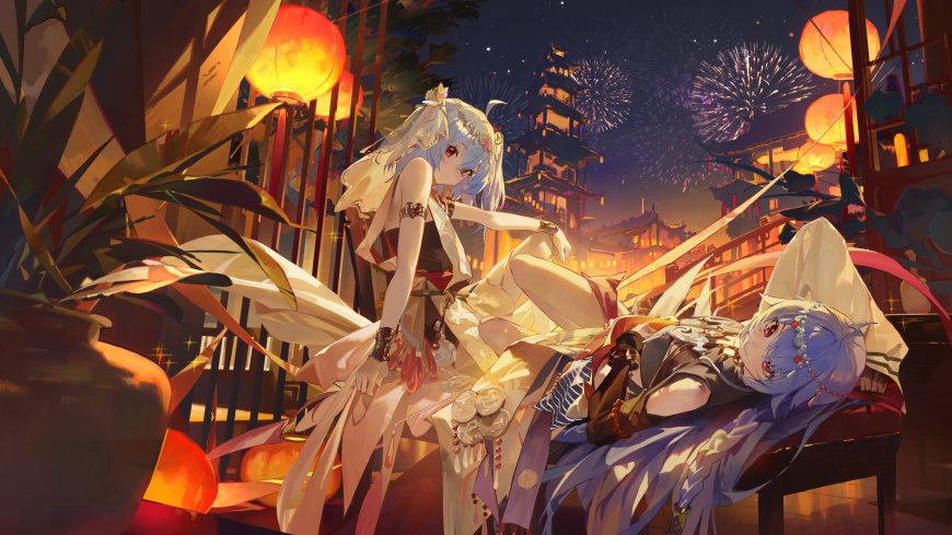 银发双少女灯笼烟花夜景暖金动漫电脑壁纸