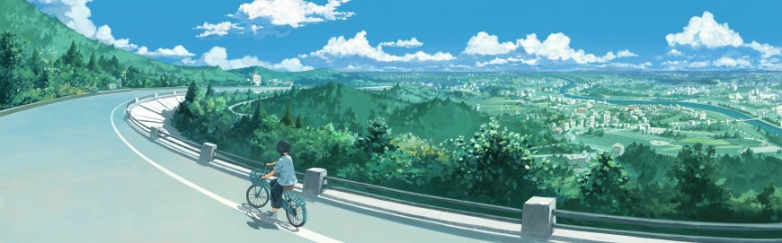 骑行少年山道远眺绿野蓝天动漫电脑壁纸
