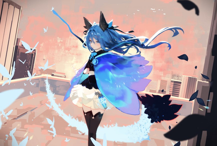 蓝发猫耳少女飘逸蓝披风粉橙动漫电脑壁纸