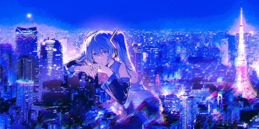 初音未来夜景都市蓝紫动漫电脑壁纸