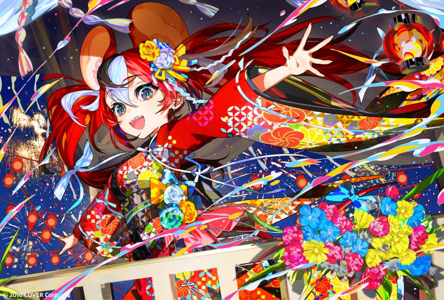 Hololive宝钟玛琳红发少女花火大会和服动漫电脑壁纸