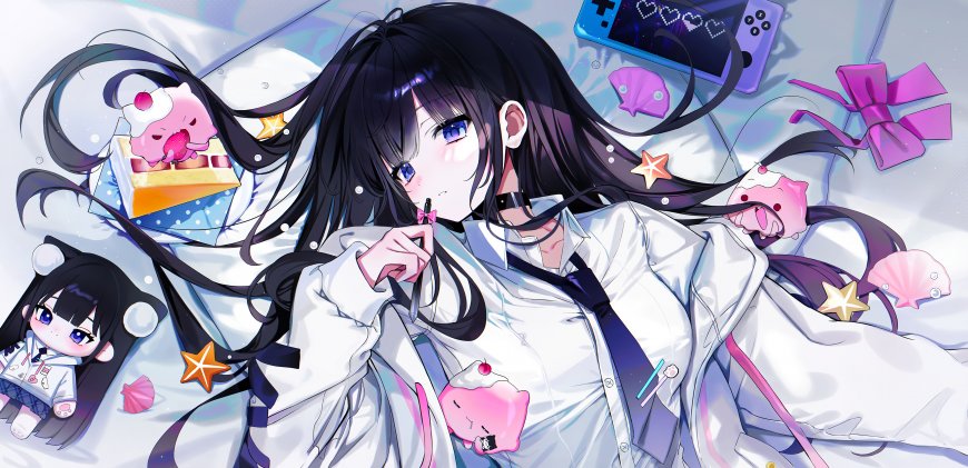 黑发蓝眼少女躺卧粉紫动漫电脑壁纸